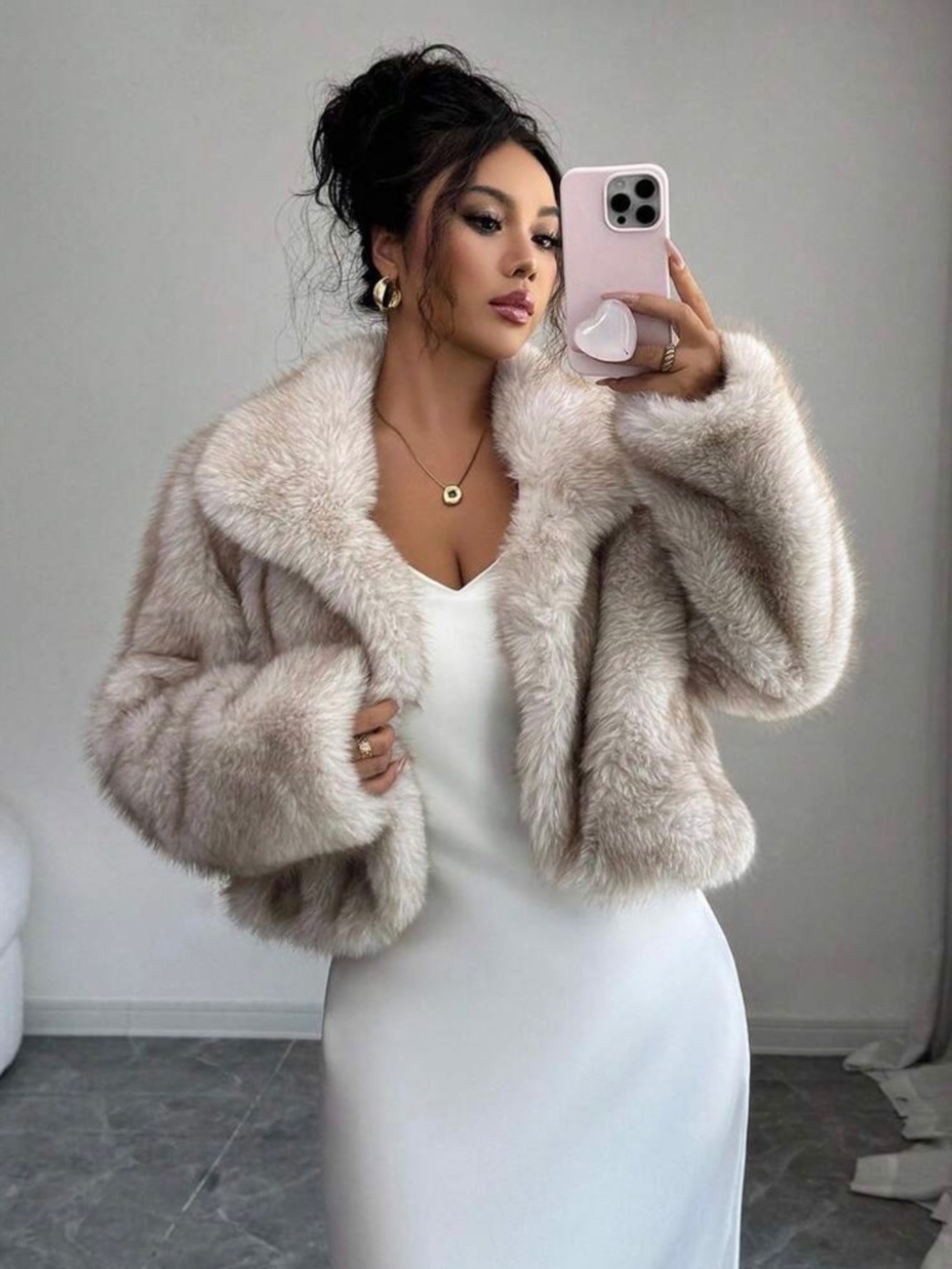 Lux Faux Fur Cropped Jacket in Light Taupe